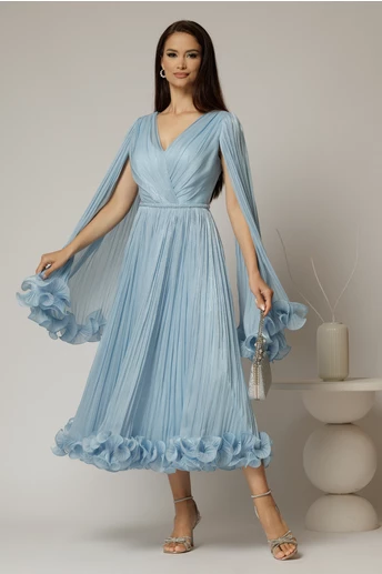 Rochie midi bleu din voal satinat in clos cu maneci ample si curea din strasuri in talie
