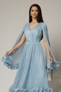 Rochie midi bleu din voal satinat in clos cu maneci ample si curea din strasuri in talie, 3, dyfashion.ro