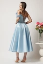 Rochie midi bleu in clos cu bust structurat si aplicatie asimetrica, 2, dyfashion.ro