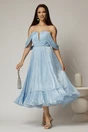 Rochie midi bleu in clos din voal satinat cu aplicatii cazute pe umeri, 1, dyfashion.ro