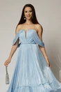 Rochie midi bleu in clos din voal satinat cu aplicatii cazute pe umeri, 3, dyfashion.ro