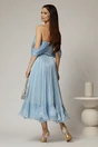 Rochie midi bleu in clos din voal satinat cu aplicatii cazute pe umeri, 2, dyfashion.ro