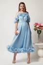 Rochie midi bleu in clos din voal satinat cu volanase la bust si la baza, 3, dyfashion.ro