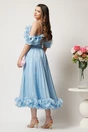 Rochie midi bleu in clos din voal satinat cu volanase la bust si la baza, 2, dyfashion.ro