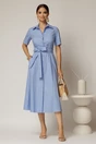 Rochie midi bleu tip camasa din poplin cu cordon in talie, 3, dyfashion.ro