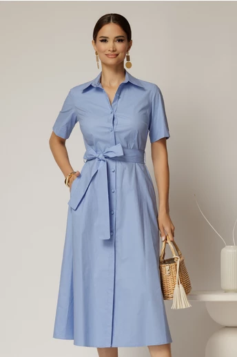 Rochie midi bleu tip camasa din poplin cu cordon in talie