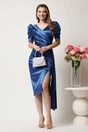 Rochie midi bleumarin conica din tafta cu fronseu, 3, dyfashion.ro