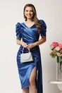 Rochie midi bleumarin conica din tafta cu fronseu, 1, dyfashion.ro