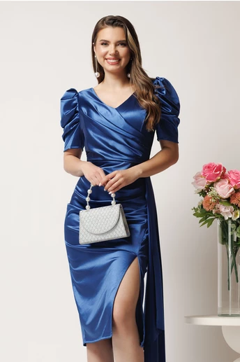 Rochie midi bleumarin conica din tafta cu fronseu