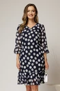 Rochie midi bleumarin cu buline, croi lejer si volanase la fusta, 1, dyfashion.ro