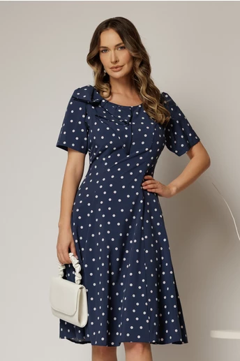 Rochie midi bleumarin cu buline cu funda la umar si croi in clini