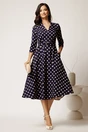 Rochie midi bleumarin cu buline din stofa cu cordon in talie, 2, dyfashion.ro