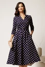 Rochie midi bleumarin cu buline din stofa cu cordon in talie, 1, dyfashion.ro