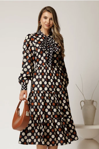 Rochie midi bleumarin cu buline din voal satinat in clos