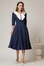 Rochie midi bleumarin cu buline si guler amplu croi clos, 3, dyfashion.ro
