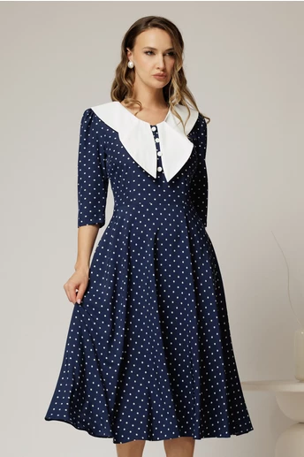 Rochie midi bleumarin cu buline si guler amplu croi clos