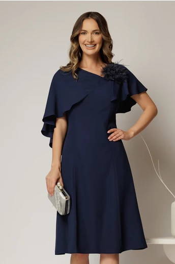 Rochie midi bleumarin cu croi in clini si detaliu floral la bust