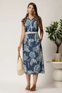 Rochie midi bleumarin cu imprimeu bleu din tencel cu elastic si curea in talie, 3, dyfashion.ro