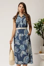 Rochie midi bleumarin cu imprimeu bleu din tencel cu elastic si curea in talie, 1, dyfashion.ro