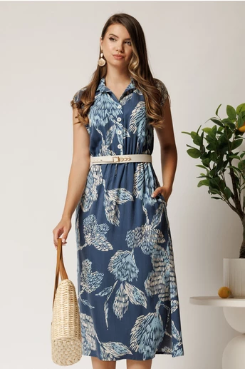 Rochie midi bleumarin cu imprimeu bleu din tencel cu elastic si curea in talie