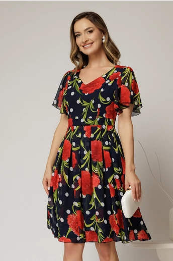 Rochie midi bleumarin cu imprimeu din voal cu decolteu in V si pliuri pe fusta