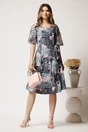 Rochie midi bleumarin cu imprimeu roz-turcoaz din lycra in clini cu funda in talie, 3, dyfashion.ro