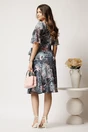 Rochie midi bleumarin cu imprimeu roz-turcoaz din lycra in clini cu funda in talie, 2, dyfashion.ro