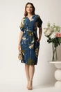 Rochie midi bleumarin cu imprimeuri kaki si cordon in talie, 3, dyfashion.ro