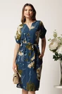 Rochie midi bleumarin cu imprimeuri kaki si cordon in talie, 1, dyfashion.ro