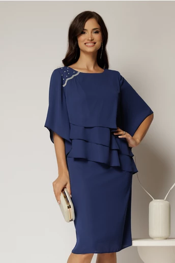 Rochie midi bleumarin de ocazie cu croi drept si perle la decolteu