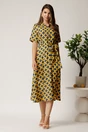 Rochie midi bleumarin din bumbac in clos cu cercuri galbene si cordon in talie, 3, dyfashion.ro