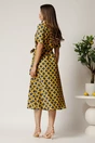 Rochie midi bleumarin din bumbac in clos cu cercuri galbene si cordon in talie, 2, dyfashion.ro