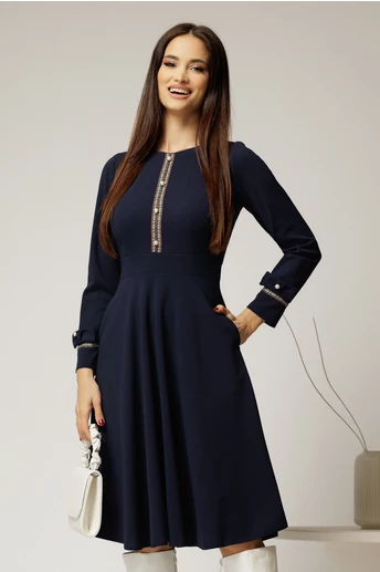 Rochie midi bleumarin din crep cu nasturi si benzi pe bust