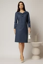 Rochie midi bleumarin din jerse cu design la decolteu si buzunare pe fusta, 1, dyfashion.ro