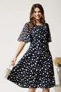 Rochie midi bleumarin din lycra in clini cu buline asimetrice, 1, dyfashion.ro
