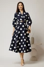 Rochie midi bleumarin din stofa in clos cu buline mari si curea in talie, 3, dyfashion.ro