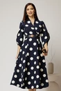 Rochie midi bleumarin din stofa in clos cu buline mari si curea in talie, 1, dyfashion.ro