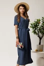 Rochie midi bleumarin din tencel cu croi drept si cordon in talie, 1, dyfashion.ro