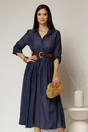 Rochie midi bleumarin din tencel si curea maro in talie, 1, dyfashion.ro