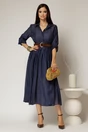 Rochie midi bleumarin din tencel si curea maro in talie, 3, dyfashion.ro