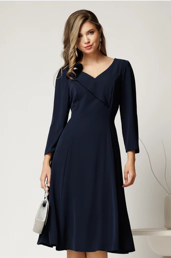 Rochie midi bleumarin din triplu voal cu floare si perle