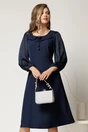 Rochie midi bleumarin din triplu voal cu maneci si insertii din fir lurex si satin, 1, dyfashion.ro