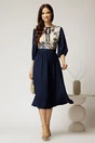 Rochie midi bleumarin din triplu voal in clos cu bust bej din dantela, 3, dyfashion.ro