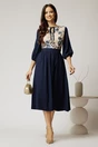 Rochie midi bleumarin din triplu voal in clos cu bust bej din dantela, 4, dyfashion.ro