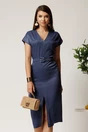 Rochie midi bleumarin din viscoza cu aspect sidefat si curea in talie, 1, dyfashion.ro