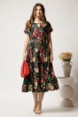 Rochie midi bleumarin din viscoza in clos cu flori fucsia si cordon in talie, 3, dyfashion.ro