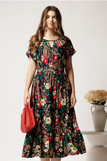 Rochie midi bleumarin din viscoza in clos cu flori fucsia si cordon in talie
