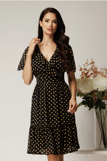 Rochie midi bleumarin din voal cu buline galbene si volane