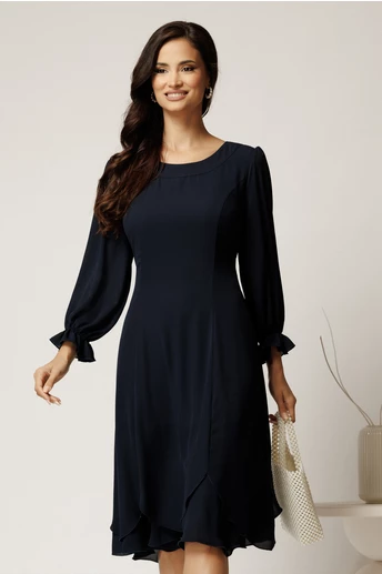 Rochie midi bleumarin din voal cu croi in clini si volane la baza