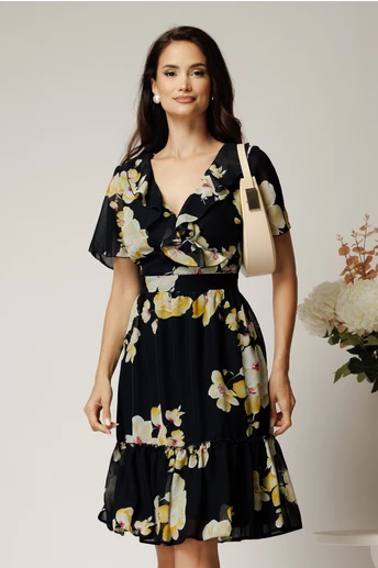 Rochie midi bleumarin din voal cu flori galbene si volane